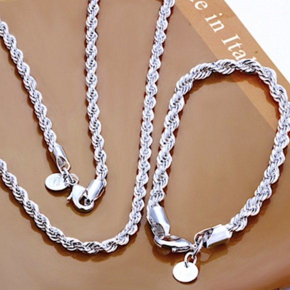 STERLING SILVER ROPE CHAIN NECKLACE  BRACELET SET UNISEX - Picture 1 of 6